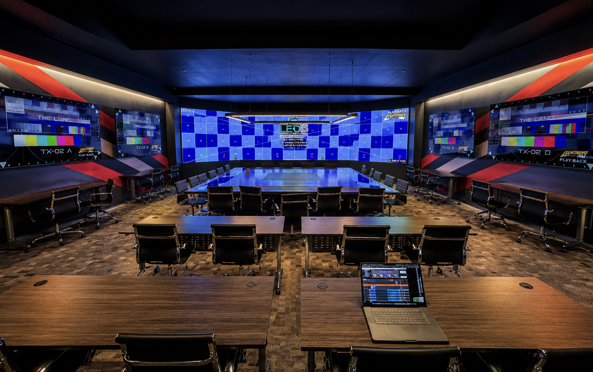 Playback control room with monitors and program feeds.