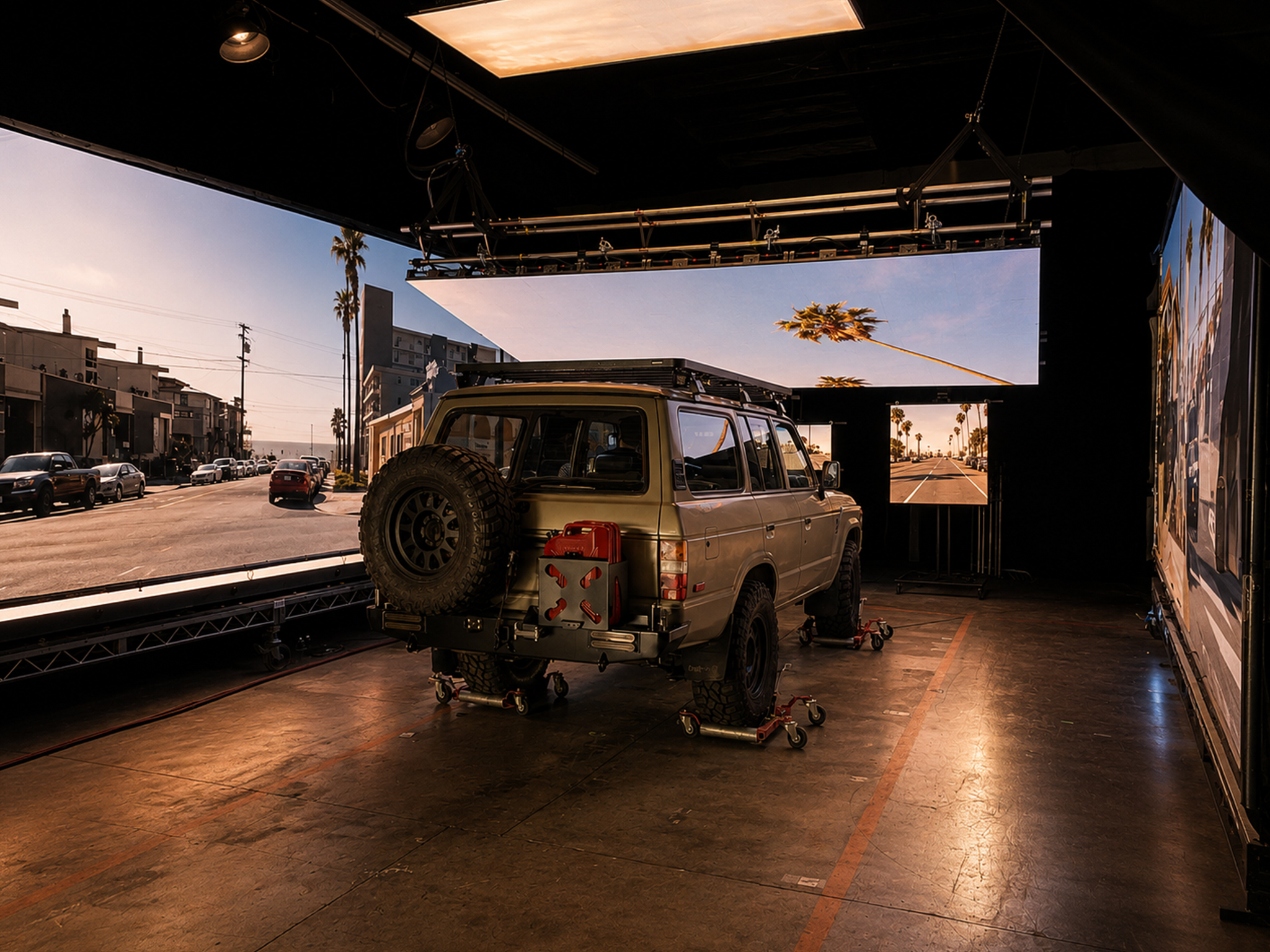 Vehicle process setup with surrounding LED walls and overhead lighting.