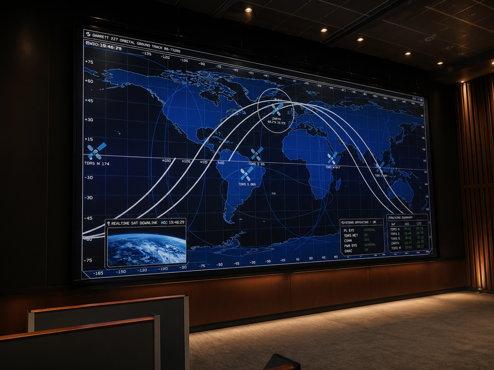 Large LED map wall being installed in an auditorium.