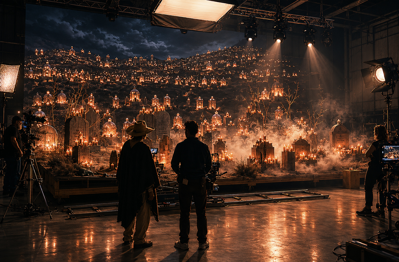 Virtual production cemetery scene with LED backing, practical graves, candles, crew, and camera on stage.