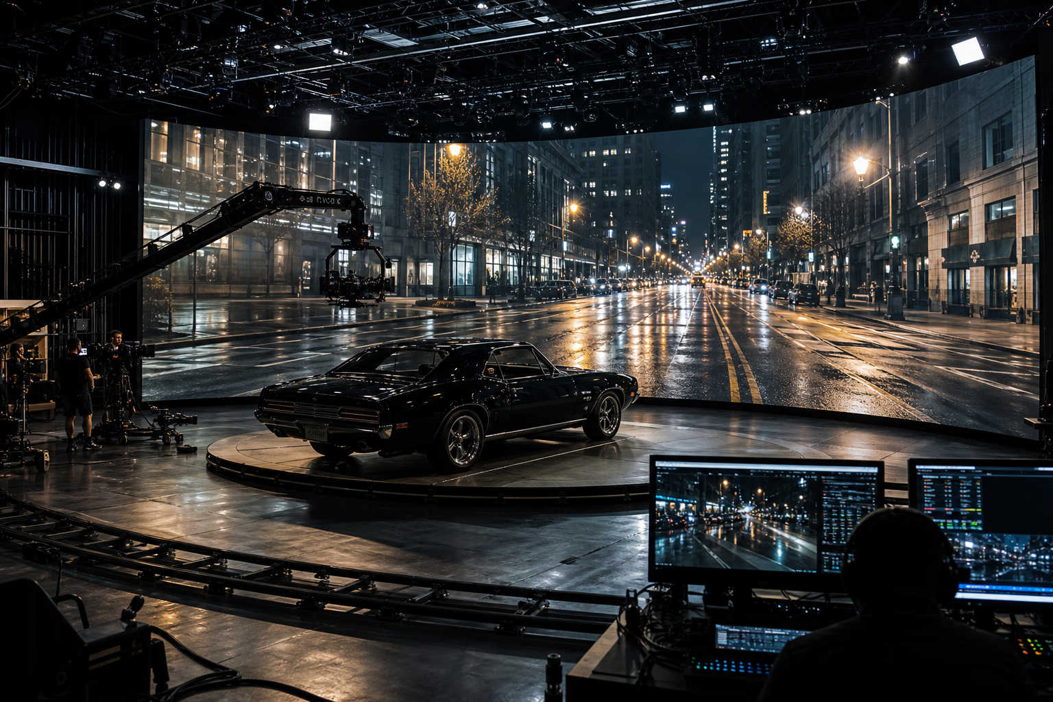 Car process setup on a virtual production stage with city road LED backdrop.