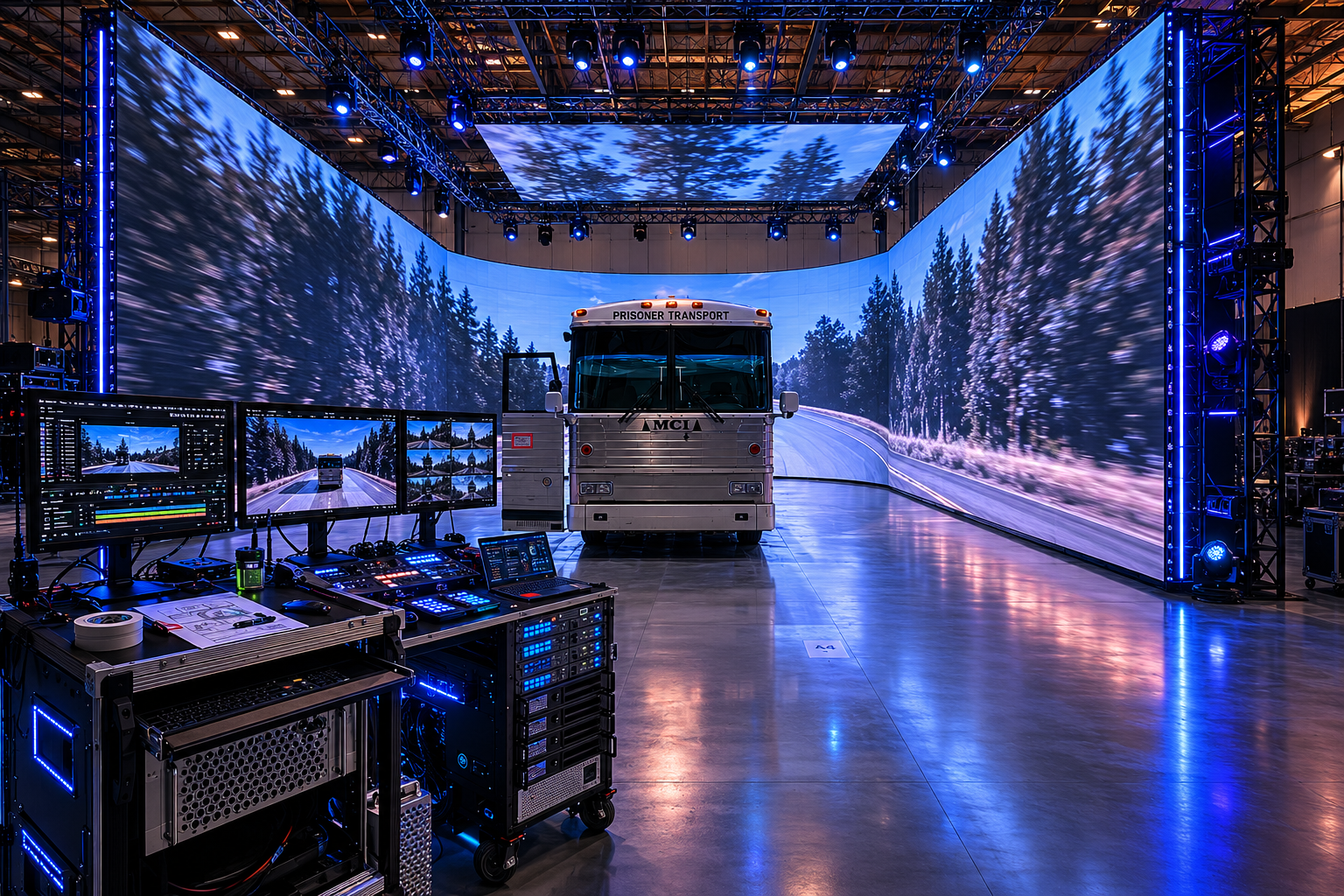 Media server and playback control station with multiple monitors.